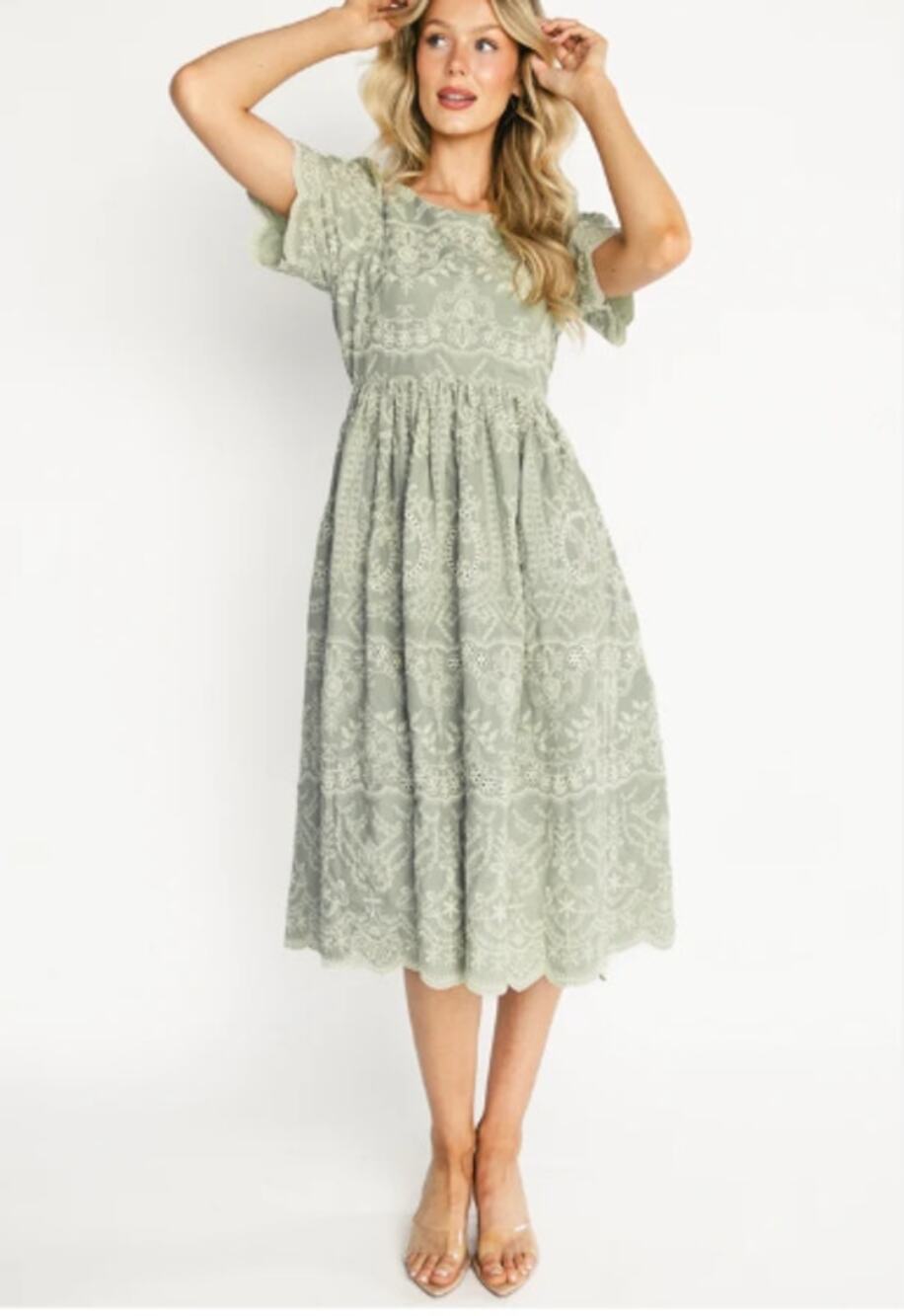 Baltic Born Margot Eyelet Midi Dress Sage Green Embroidered Cottagecore Romantic